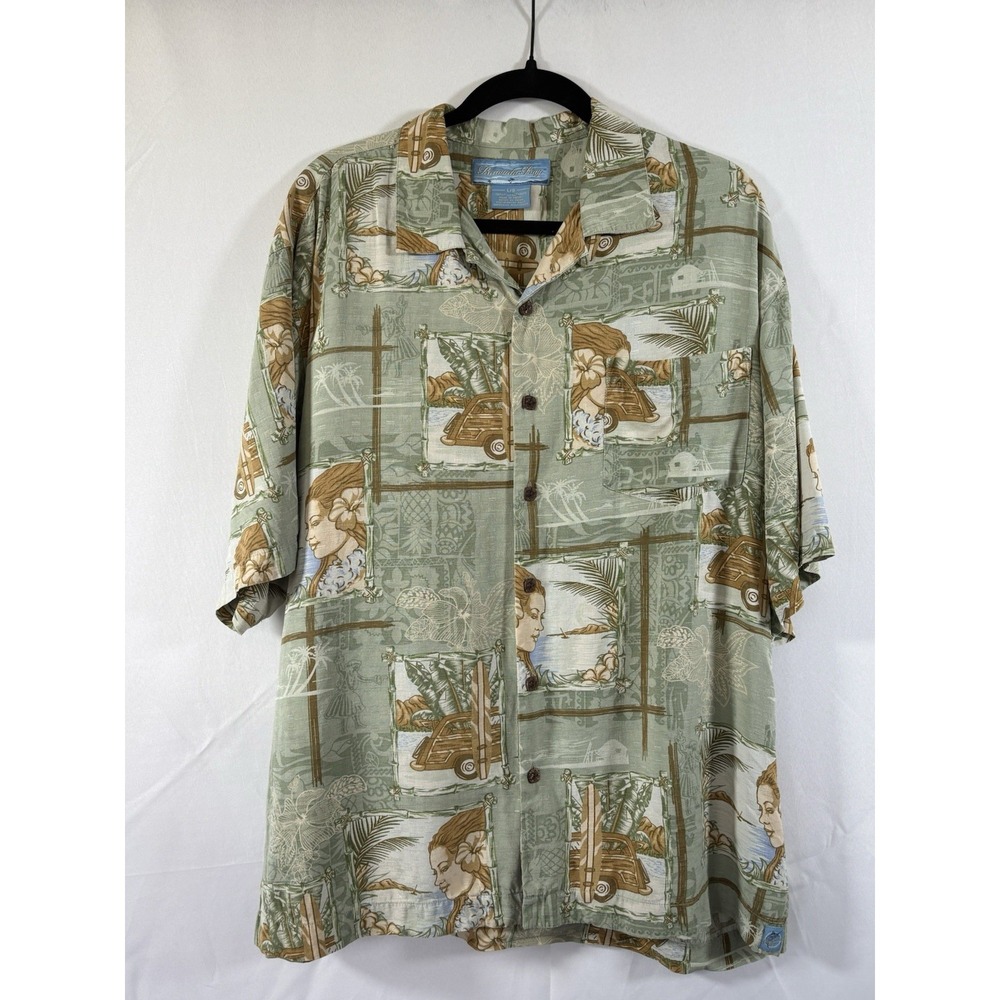 Bermuda Bay Shirt size L silk tropical antique woody cars short sleeve